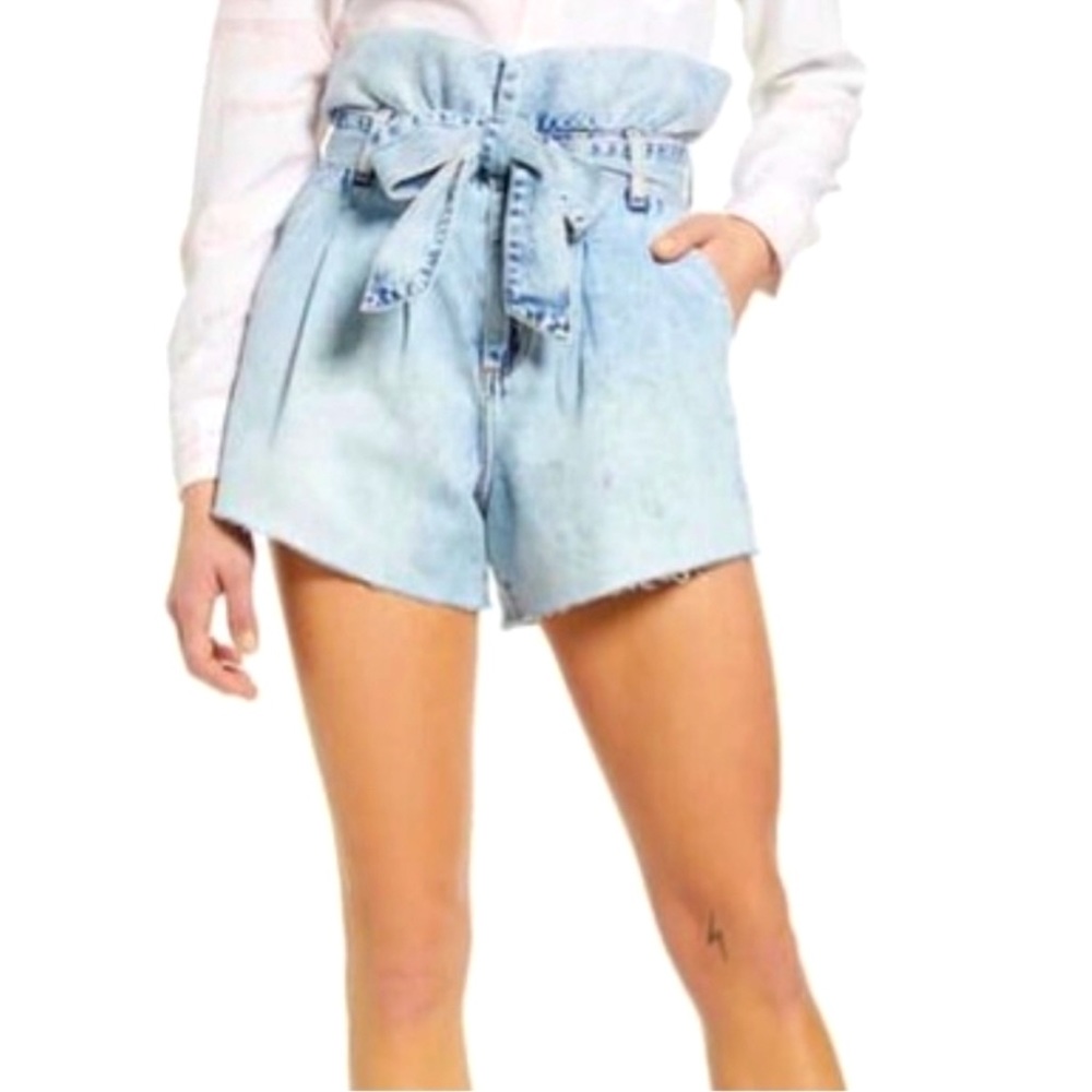 Blanknyc Paperbag High-Rise Cutoff Denim Shorts In Caribbean Blue
